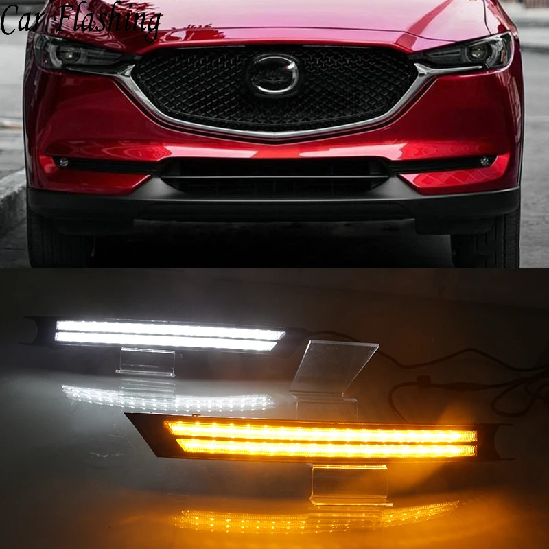 

Car Flashing 2Pcs For Mazda CX-5 CX5 2017 2018 2019 DRL LED Daytime Running Light With Yellow Turning Signal night blue fog lamp