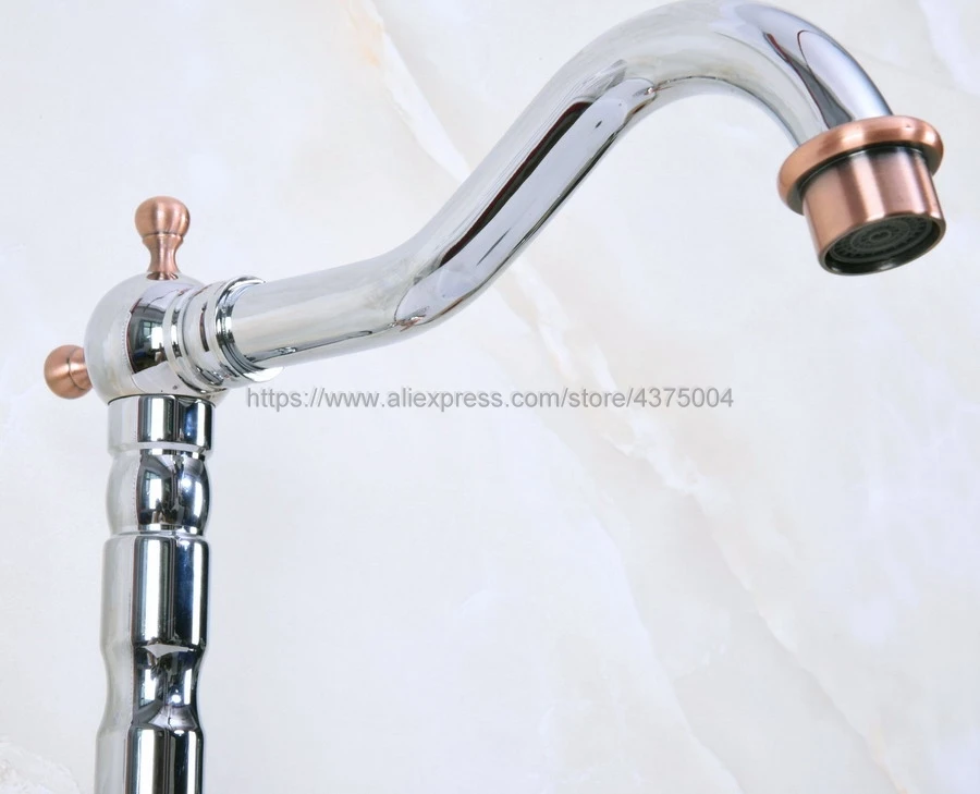 Deck Mounted Bathroom Basin Single Handle Faucet Polished Chrome And Red Copper Hot and Cold bathroom Sink Rotable Tap Nnf907