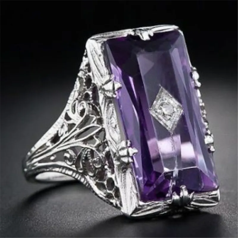 Purple Stone Rings for Women Square Wedding Ring Classic Man Jewelry Silver Engagement Ring Bague Femme Anillos Mujer Wholesale