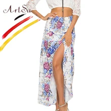ArtSu Boho летняя длинная юбка с цветочным принтом, эластичная талия, сексуальные пляжные юбки с разрезом, Jupe Femme размера плюс, шифоновая женская повседневная юбка