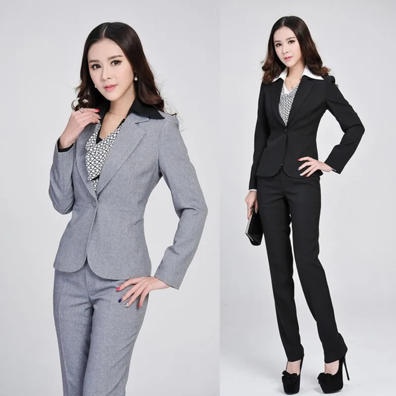 Формальные Дамы серый пиджак Для женщин Бизнес костюмы формальные костюмы работа в офисе 2019 на весну и зиму модные женские туфли брюк и