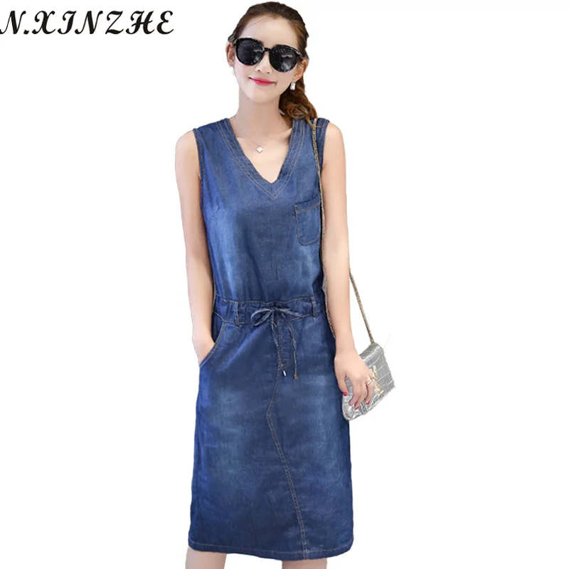 Buy Cheap N.XINZHE Denim dress women 2017 Vintage Summer Sexy deep V-Neck Sleeveless Casual jean dresses female Pockets Slim blue vestidos