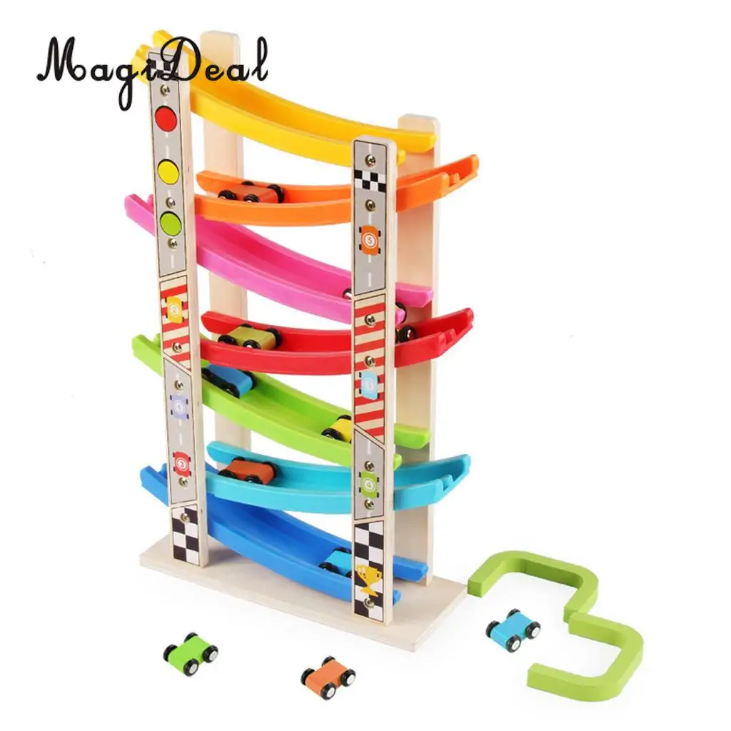 Colorful Wooden Ramp Race Track & 8 mini Inertia Car Playset - Toddlers Baby Toys Developmental Preschool Games