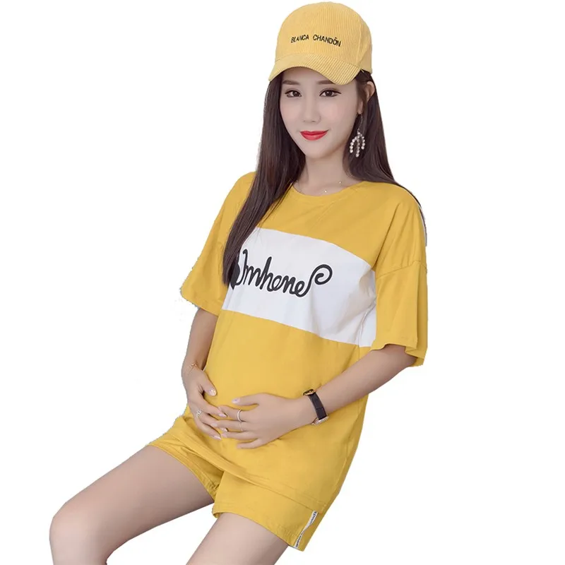 Летнее платье для беременных костюм модные модели Досуг беременность прилива мама футболка шорты спортивные из двух частей - Цвет: Цвет: желтый