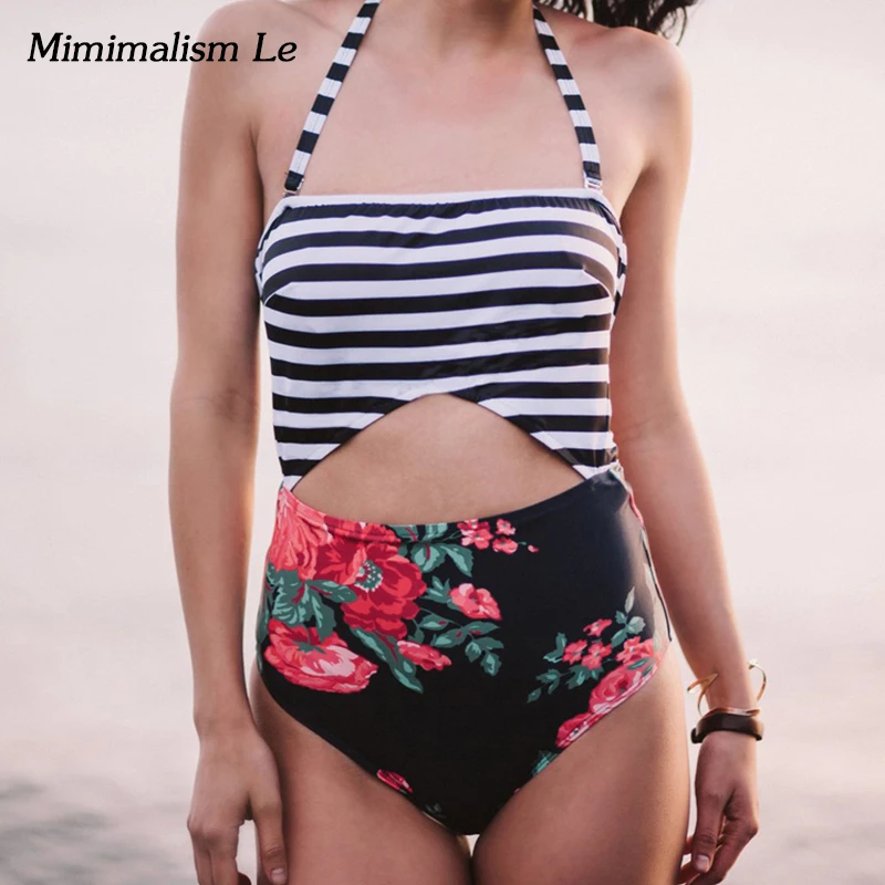 

Minimalism Le Floral Print Bikinis 2018 Sexy Bandeau Striped Bikini Set Swimwear Women Swimsuit Beach Wear Bathing Suit BK685