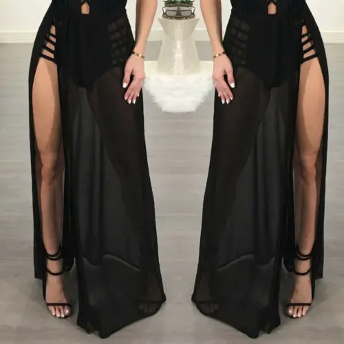 Women High Waist Mesh Skirts Empire See Through Sheer Side Split Skirt Solid Transparent Chiffon Maxi Long Skirt Summer 2019