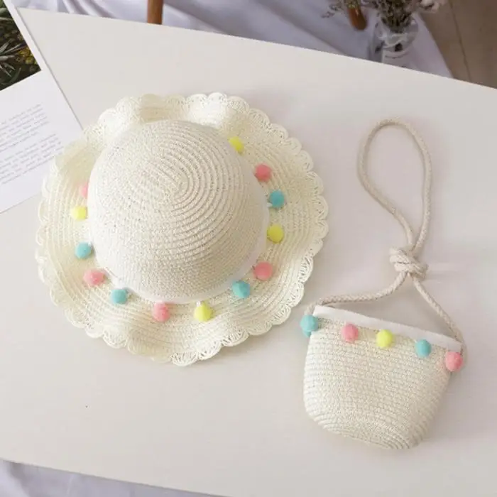 Шляпа сумка набор волнистые соломенные шляпы цветные шары Кепка Одна сумка на плечо для детей весенний Летний пляж BB55