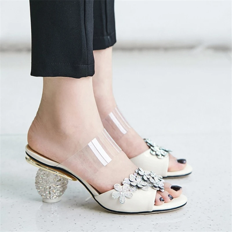 MSSTOR Crystal Appliques Summer Slippers White Genuine Leather Fashion Casual Women Shoes High Heel Peep Toe Slippers Women MSSTOR Crystal Appliques Summer Slippers White Genuine Leather Fashion Casual Women Shoes High Heel Peep Toe Slippers Women