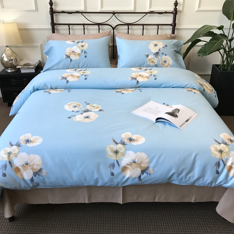 White flowers 4pcs bedding set sky blue bed linens floral pure cotton