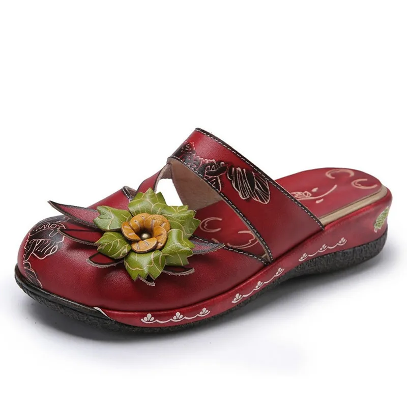 

2019 Summer Retro Red Slippers Women Soft Flat Bottom Genuine Leather Slides Woman Flower Cowhide Beach Shoes Zapatos De Mujer