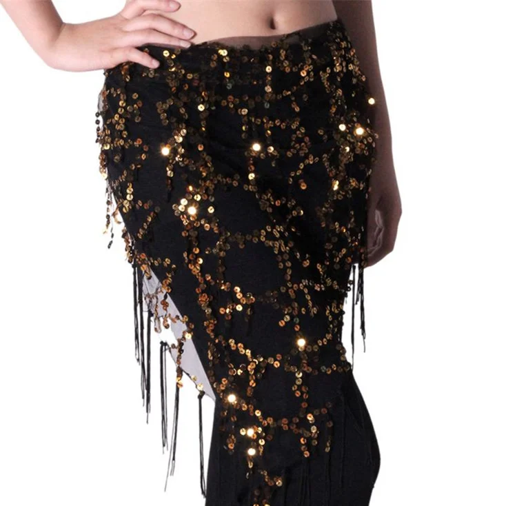 belly dancing scarf 16 Colors Practice Clothes Accessories Stretchy Long Tassel Triangle Belt Hand Crochet Belly Dance Hip Scarf - Цвет: Gold black