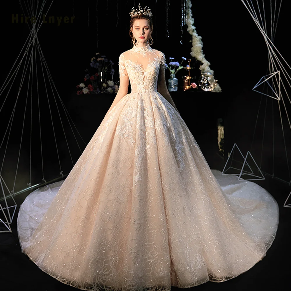 Robe De Mariee Princesse De Lux роскошное кружевное бальное платье с высоким горлом и длинным рукавом, украшенное бусинами и жемчужинами, свадебные платья