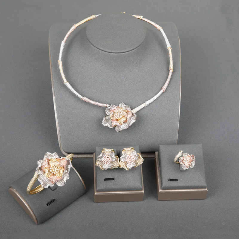 

Blucome Luxury Flower Jewelry Sets For Women Three Tones Zircon African Indian Necklace Earring Bangle Ring Wedding Bridal Set