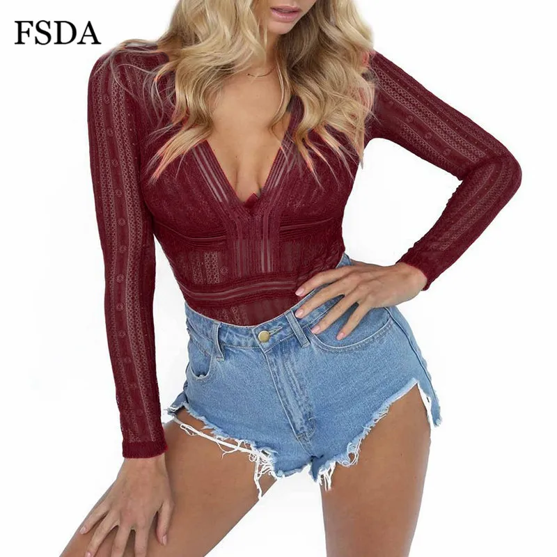 FSDA V Neck Sexy Backless Bodysuit Lace Long Sleeve Women Hollow Out Casual Summer Jumpsuit - Цвет: Бургундия