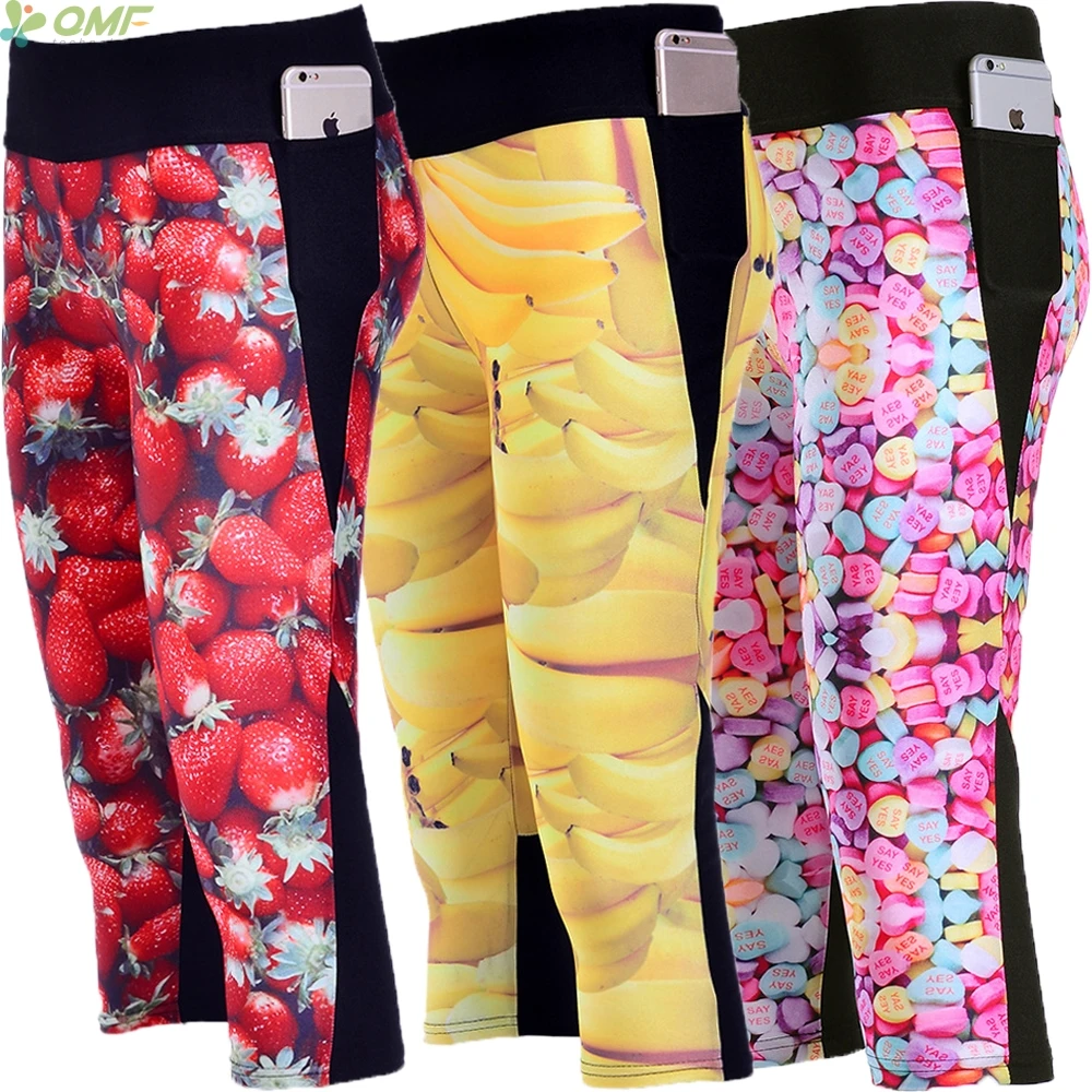 Strawberrys Print Pocket Women Capri Pants Bananas Print Novelty Summer