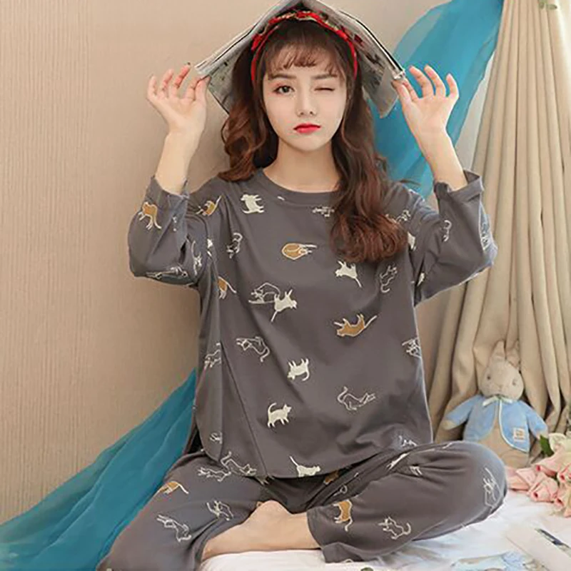 

Autumn Thin Cute Printed Sleepwear Pajamas Women Long Sleeve Set Summer Spring New Lady Kawhi Casual Female Pyjamas Homewear