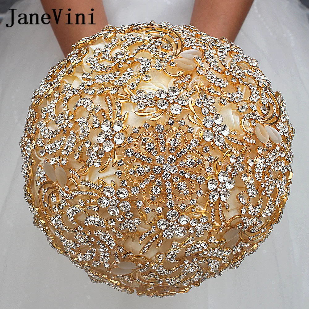 JaneVini 2018 роскошные золотые свадебные букеты для свадьбы кристалл на заказ искусственная Роза свадебный букет Mariage Buque De Noiva