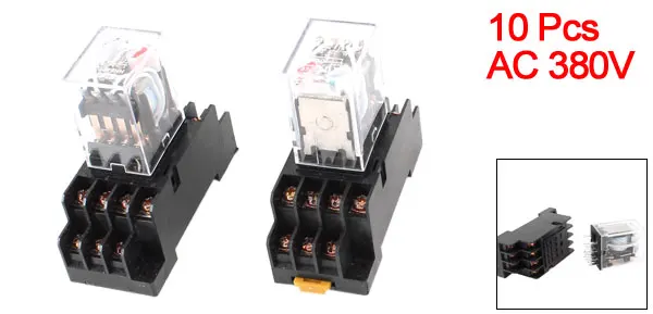 10Pcs AC 380V Coil 4PDT 14 Pin Red LED General Purpose Power Relay w Socket Base