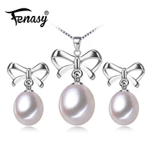 FENASY жемчужные Ювелирные наборы, натуральный жемчуг серьги с бантами и кулон ожерелье, Свадьба Помолвка для любви, ювелирные изделия с коробкой