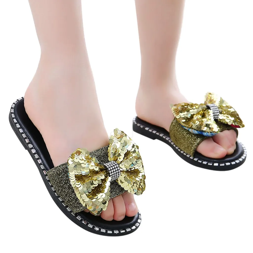 Zomer kinderen boog sandalen en тапочки Kinderen Детские meisjes шикарные блестки с хрустальными принтами тапочки Schoenen Sandalen