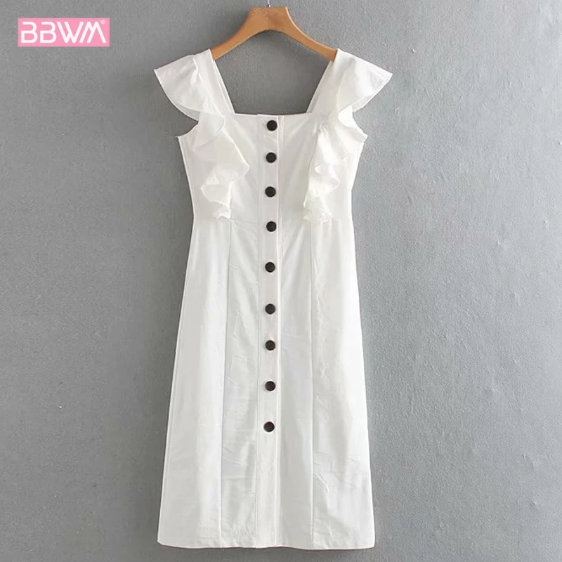 

2019 summer new women's fashion wild slim slimming buttoned ruffled sleeveless female dress White minimalist holiday women's dre