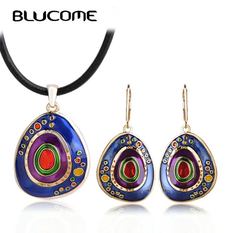

Blucome Vintage Colorful Circle Enamel Necklace Earrings Set Rope Chain Pendant Long Drop Earrings Women Lady Party Jewelry Sets