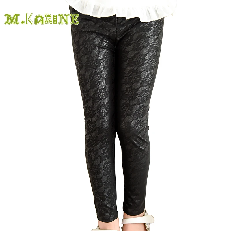 

Cute Girls Leggings Lace Hollow Out Flower Faux Leather Pants Kids Clothing Mid Full Length Skinny Pants Spring &Autumn PU pants