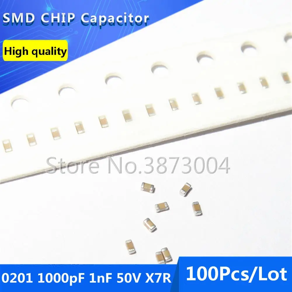 

100pcs 0201 1000pF 1nF 50V X7R 10% Thick Film Chip Multilayer Ceramic Capacitor