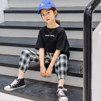 

2020 Teenage Clothes For Teen Girls Suit 2pcs Summer Girls Costume Kids Clothing Set White T-shirts Tops Tees + Plaid Pants Sale