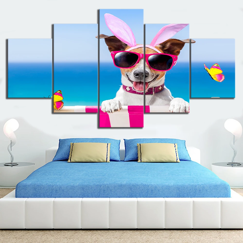 

5 Piece Animal Picture A Happy Dog on The Beach Butterfly Landscape Oil Paintings Wall Paintings for Home Decor Abstract Art