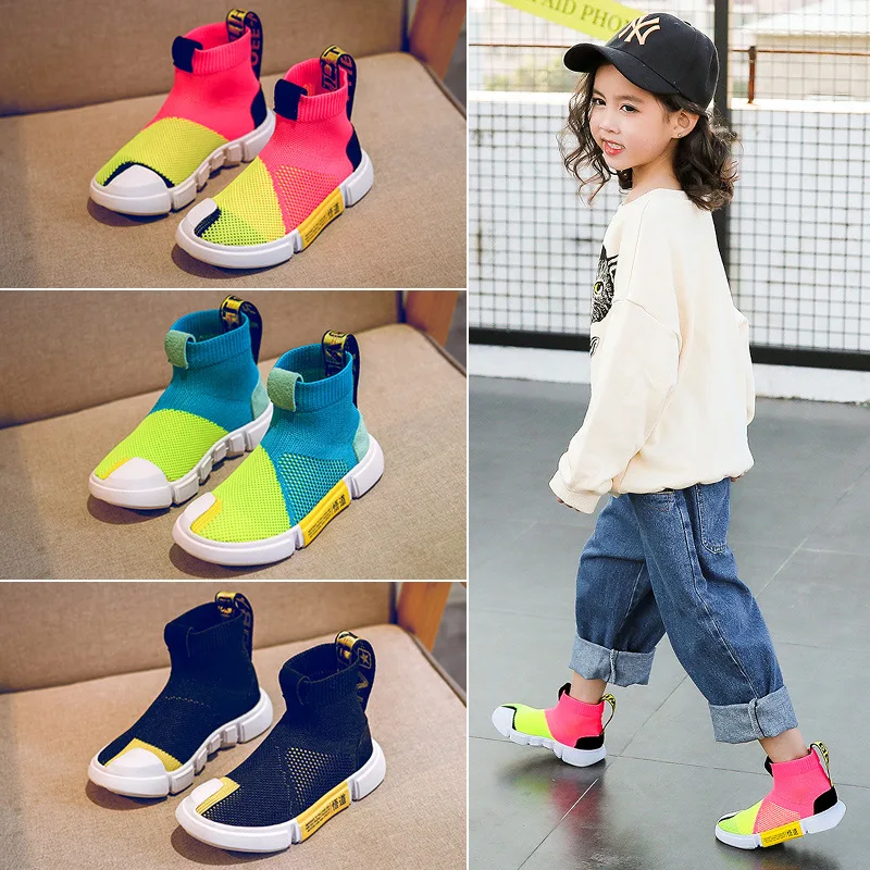 ربيع جديد أطفال عالية أعلى حذاء كاجوال الأطفال شبكة أحذية رياضية الفتيان الانزلاق على العلامة التجارية أحذية طفل الفتيات حذاء أسود المدرب ...