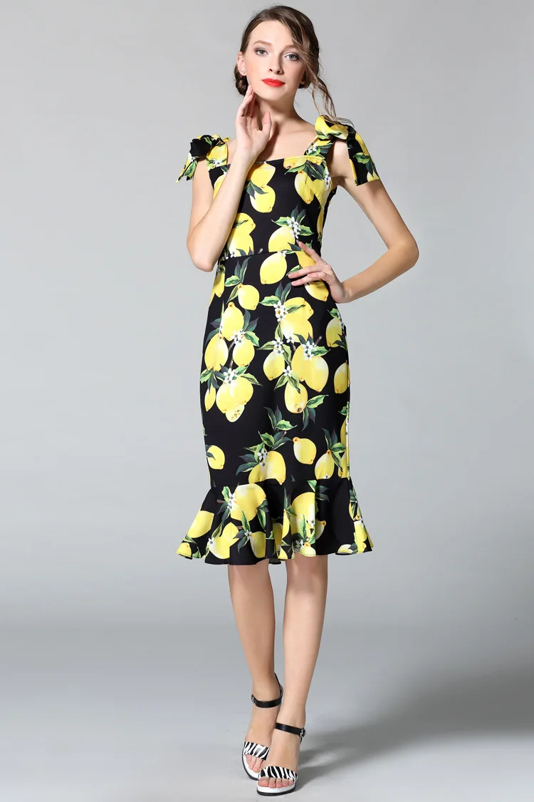 Индивидуальное летнее дизайнерское Эксклюзивное Платье для подиума, женское высококачественное Платье с принтом желтого лимона и бантом на плече, платье русалки