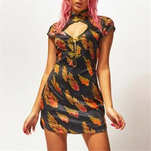 Женское сексуальное платье с глубоким v-образным вырезом, облегающее вечернее платье с принтом пламени, шелковые атласы, летнее платье чонсам, стильное мини-платье