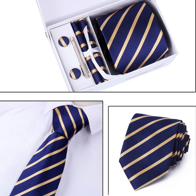  New Brand High Quality Ties Set for Men 8CM Cufflink Pocket Square Tie Striped Wedding Formal Clips