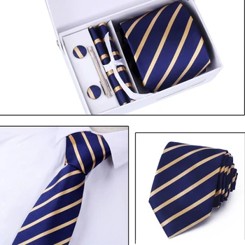 

New Brand High Quality Ties Set for Men 8CM Cufflink Pocket Square Tie Striped Wedding Formal Clips Handkerchief Men Neckties