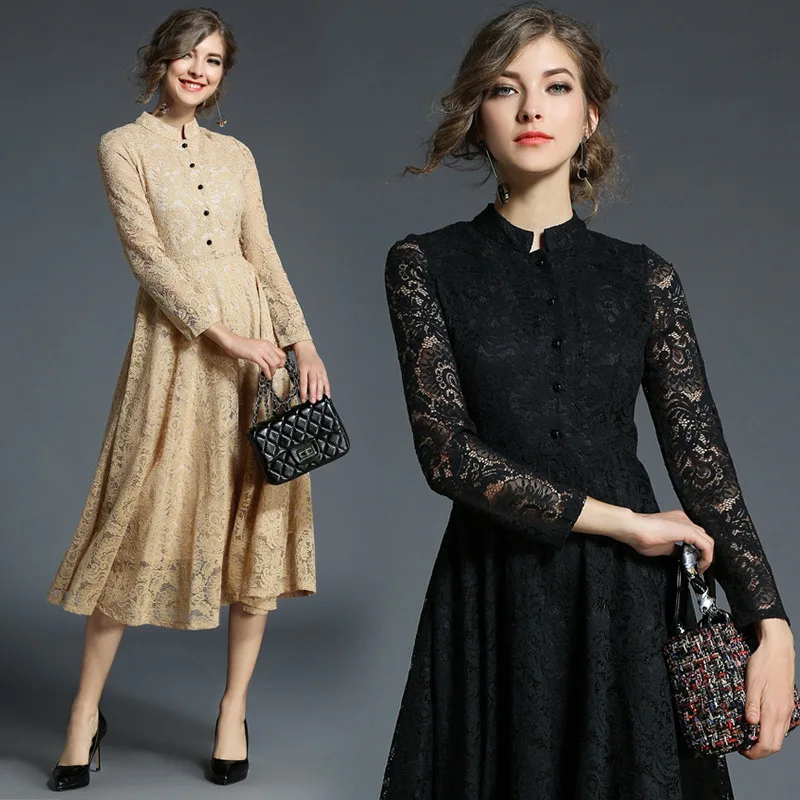 

2019 Spring Solid Lace Dress Standing Collar Wrist Mid-Calf A-Line Retro Temperament Slim Fit Office Lady Women Clothing