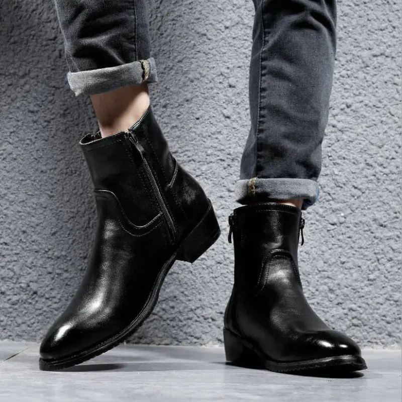 

Big Size Autumn Winter Fashion All black Men Martin boots Slip-On Pointed Toe Chelsea leather Boots Male mid calf shoes PP-34