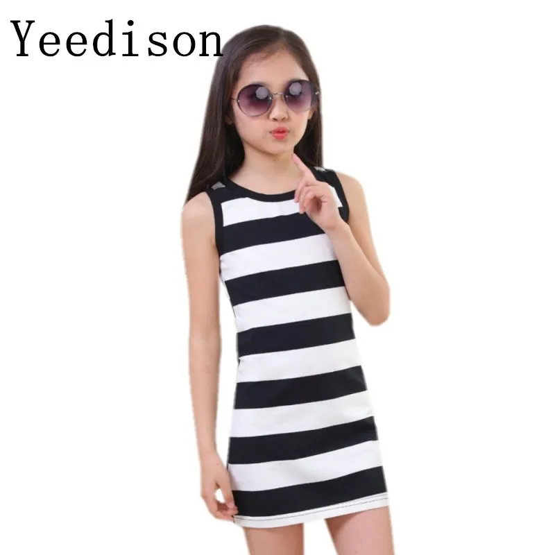 

Children Girls' Clothing Black And White Stripes Summer Girl Dress 100% Cotton 3-14 Kids Vest Dresses for Teenage Girls
