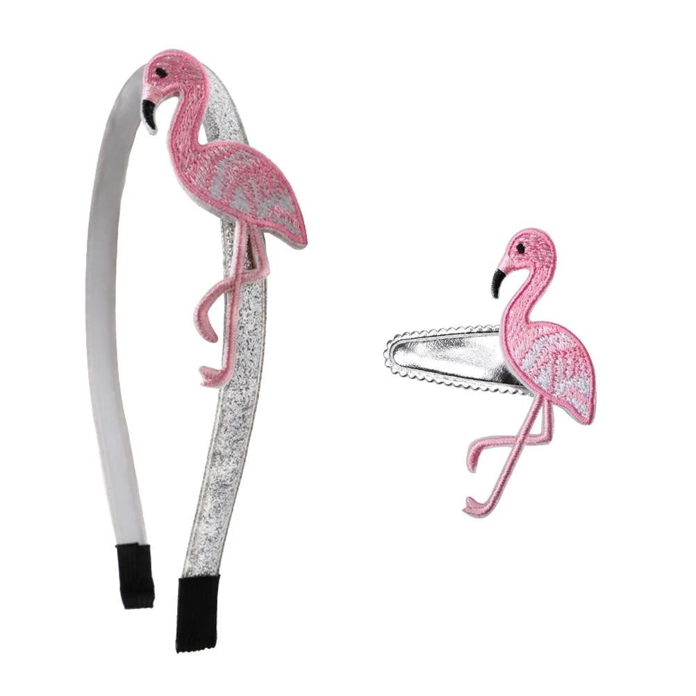 

2pcs Cute Flamingo Headband Embroidery Hair Hoop Set Girls Headwear Hairpins (Flamingo Hair Hoop and Hairpins)