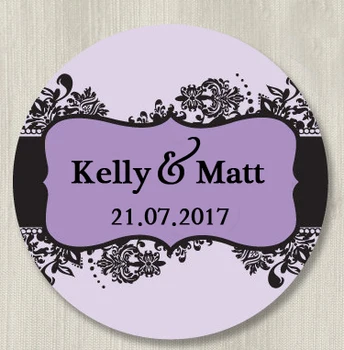

Custom Stickers - Glam Damask Wedding lables, Classic Round Sticker, Personalized Stickers, Labels ,Customized Name and Date