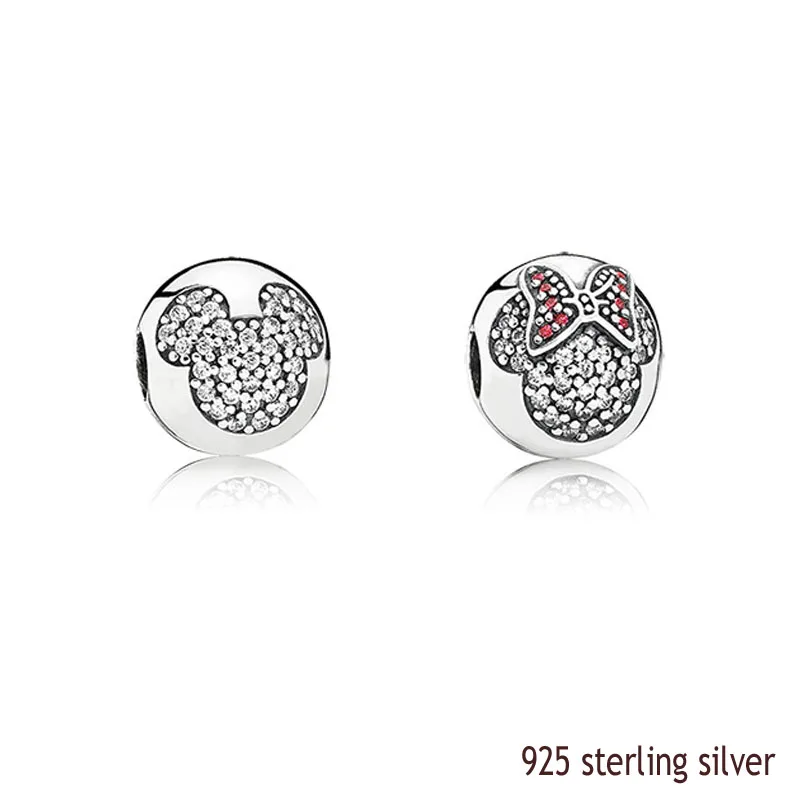 100% 925 Sterling Silver Sets Cute Minnie & Mickey Clip With Clear Zircon DIY High Quality Jewelry Drop Shipping