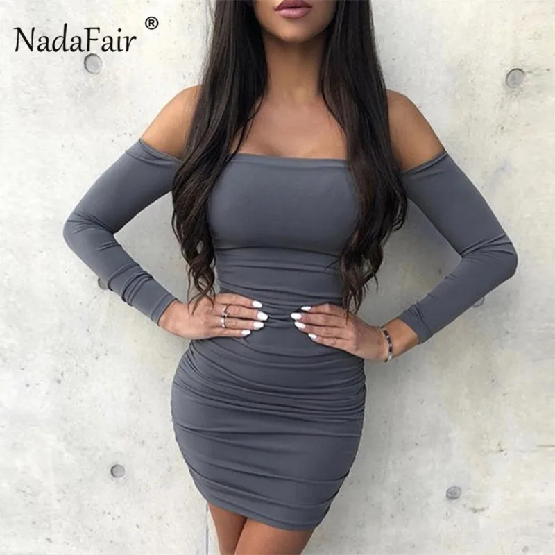 

Nadafair long sleeve off shoulder sexy wrap bodycon dress women ruched backless casual mini club party dress spring 2019