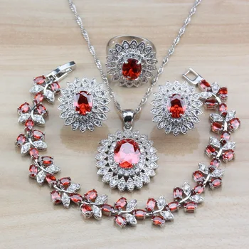 

Wedding Costume Silver Color Natural Crystal Red Garnet Big Jewelry Sets Clip Earrings/Necklace/Bracelet/Ring Women Sets