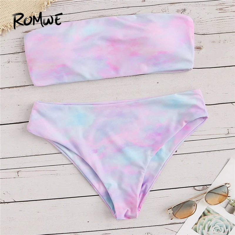 

Romwe Sport Bikinis Set Multicolor Tie Dye Bandeau Swimwear Women Summer Wire Free Sexy Beach Vacation Bathing Suits Swimsuit