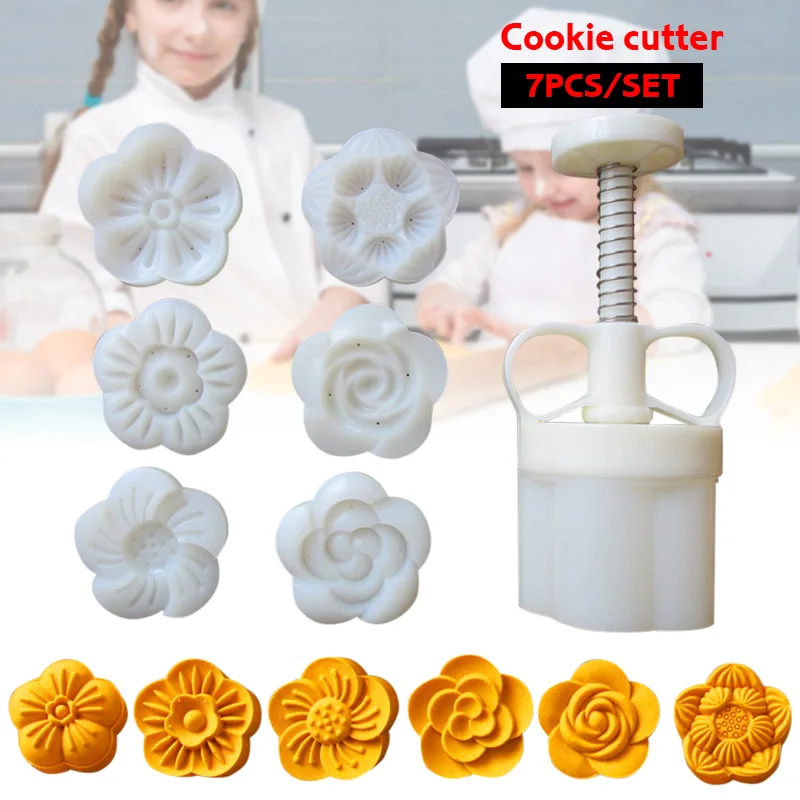 

7 Pcs/Set DIY Mooncake Mold Pastry Cookie Press with 6 Flower Stamps LBShipping