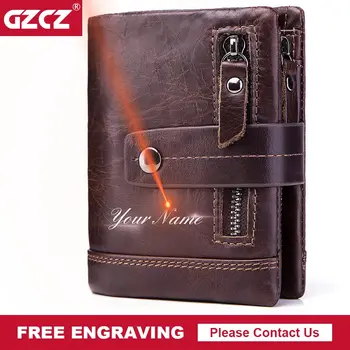 

GZCZ Men's Wallet Leather Genuine Short Male Purse Zipper Poucht Clamp For Money Coin Purse Portomonee Money Bag Free Engraving