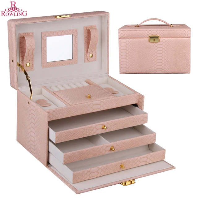 Large Jewellery Storage Box Earrings Velvet Organizer Case Ring Large Jewellery Storage Box Earrings Velvet Organizer Case Ring Necklaces Cabinet Mirror Lock Faux Leather Holder
