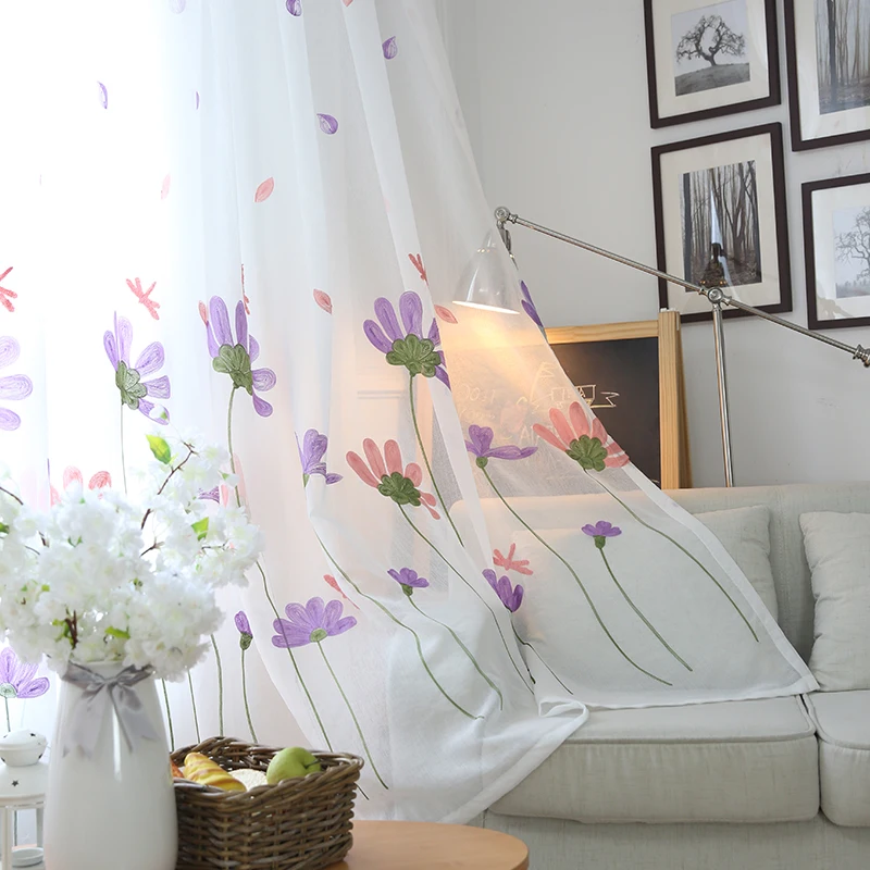 

Modern Embroidered Floral White Tulle Voile Curtains For Living Room Bedroom Window Sheer Fabric Finished curtains