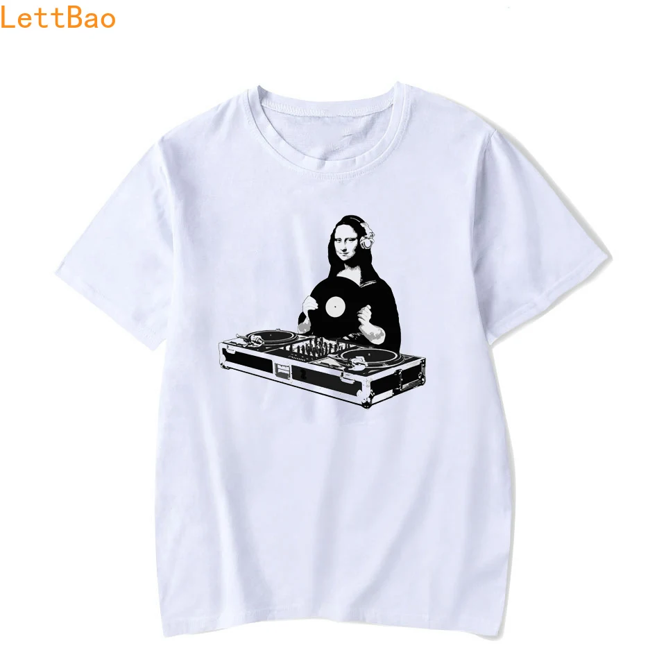 Лето Mona Lisa DJ музыка Мультфильм комиксов Rave Techno ролл Camisetas Hombre 90 s Мода хип хоп Уличная Мужская хлопчатобумажная футболка