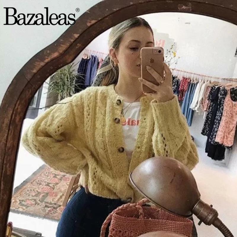

Bazaleas France elegant Jaune women Sweater Retro Soft Vintage Yellow Center Buttons Warm Kintted Carfigans Casual Drop shipping
